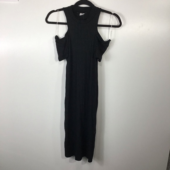 Black High Neck Ribbed Cold Shoulder MIDI Pencil Dress~S - Picture 3 of 9